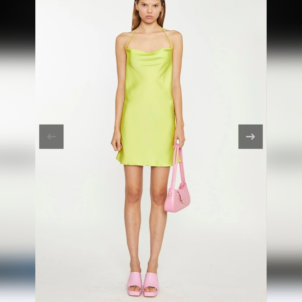 Lime-Green Satin Cowl Halterneck Mini Dress Size 6